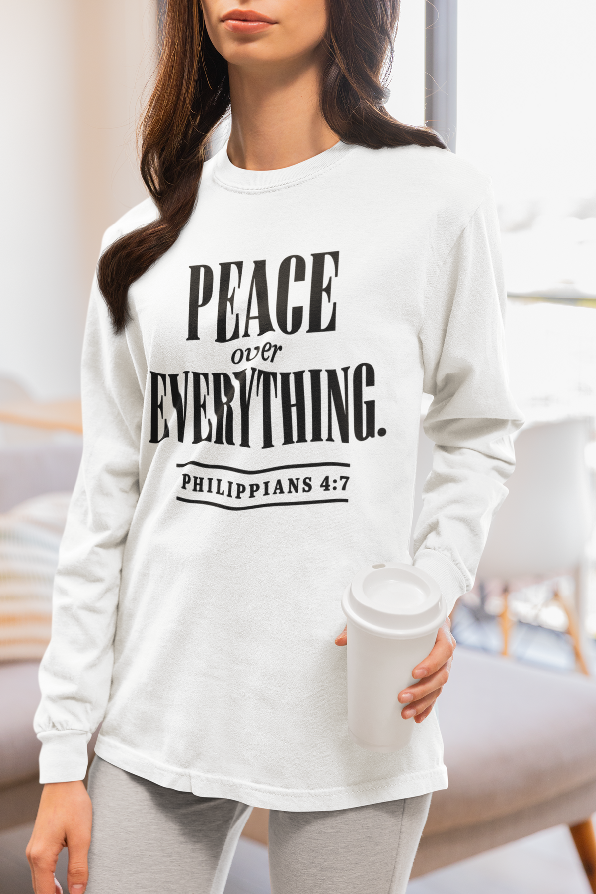 Peace Over Everything Garment-Dyed Long Sleeve Tee in White — RavnCo faith-inspired apparel