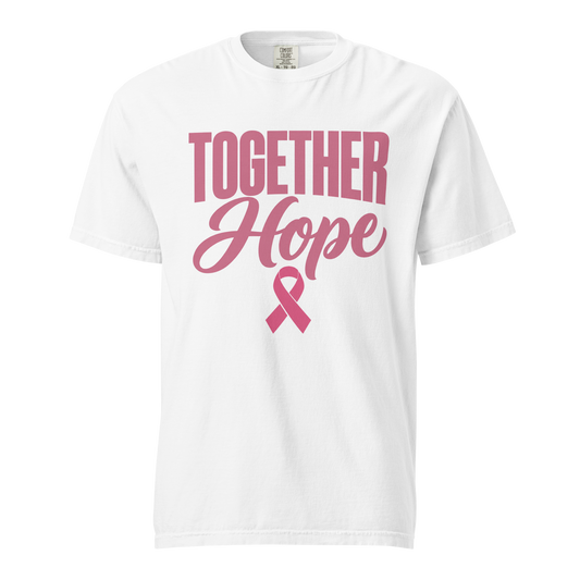 White T-shirt with pink “Together Hope” lettering and a breast cancer awareness ribbon on the front.