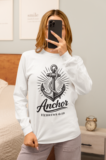 Person wearing a white garment-dyed long sleeve tee with 'Anchor Hebrews 6:19' design.