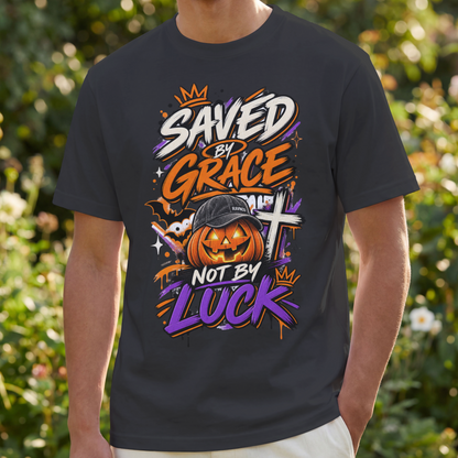 A man wearing a greyish black t-shirt with a colorful Halloween-themed graphic that reads 'SAVED BY GRACE NOT BY LUCK' featuring a jack-o'-lantern, a cross, and a baseball cap, set against a blurred green garden background.