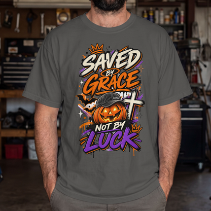 A man wearing a pepper-colored graphic t-shirt with a Halloween-themed design that reads 'SAVED BY GRACE NOT BY LUCK' in white, orange, purple, and black graffiti-style lettering, featuring a jack-o'-lantern, bat, and cross.