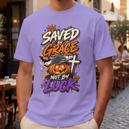 A man wearing a violet-colored t-shirt with a colorful Halloween-themed graphic that reads 'SAVED BY GRACE NOT BY LUCK' around a jack-o'-lantern and cross, set against a blurred outdoor cafe background.