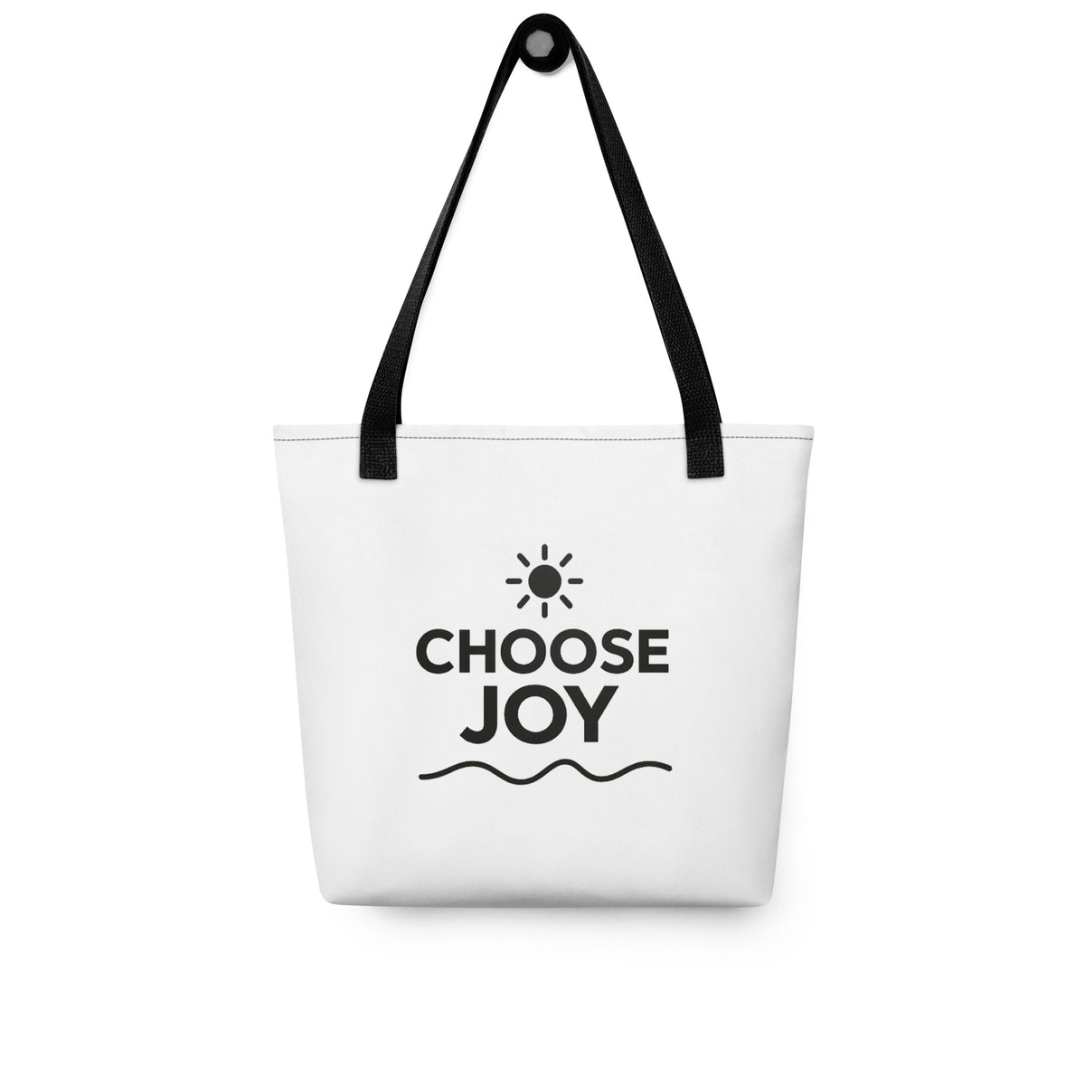 White Choose Joy tote bag with black handles, black lettering, a sun symbol, and a wavy underline.