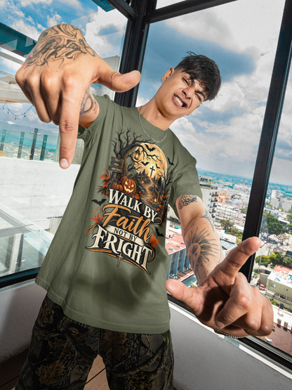 A man wearing an olive moss graphic t-shirt with a Halloween design that reads 'Walk by Faith Not by Fright' and pointing at the camera, standing in front of a large window with a city view.