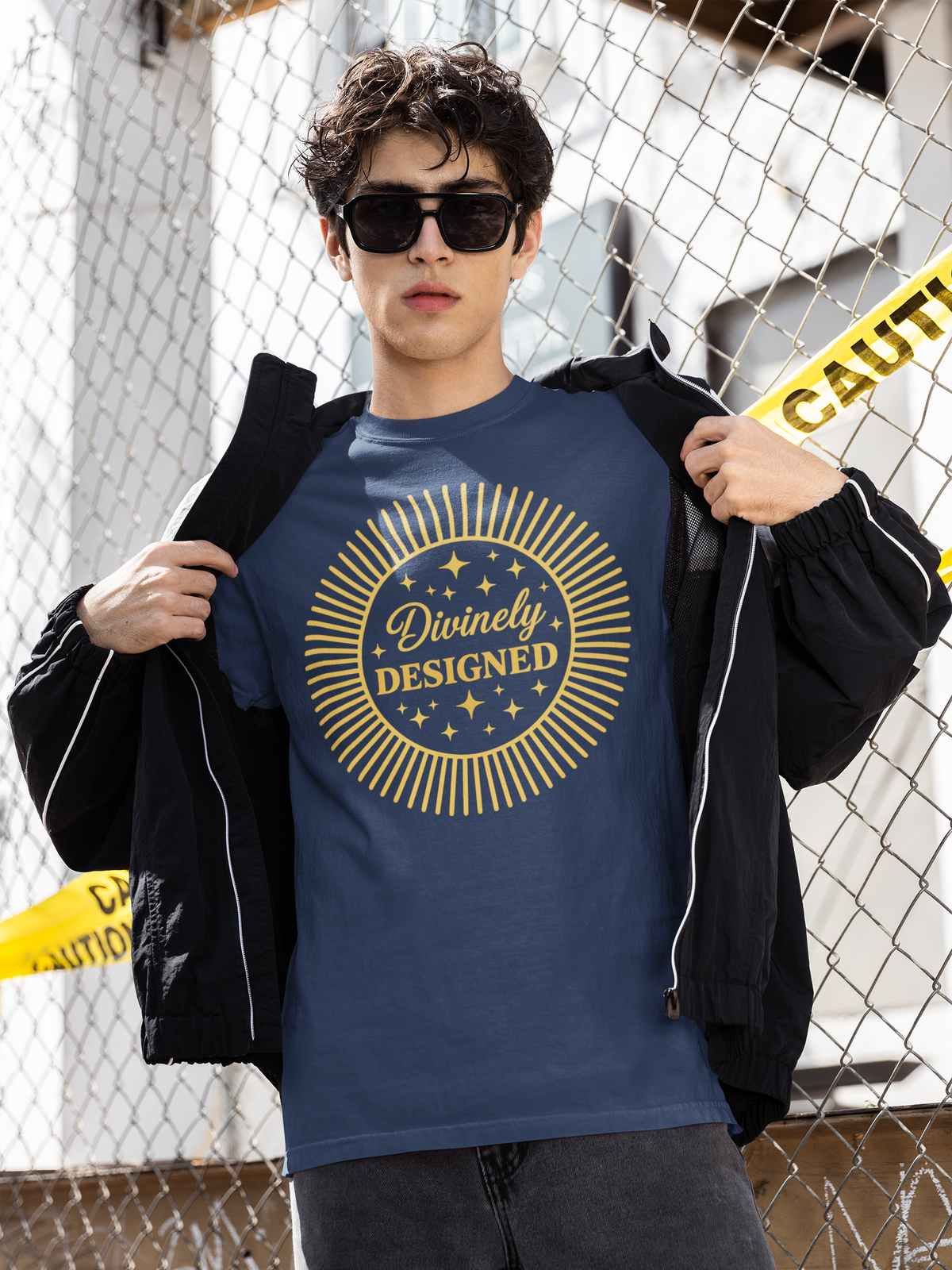 Person wearing a blue t-shirt with 'Divinely Designed' text, standing in front of a chain-link fence.