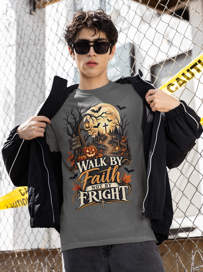 A man wearing a graphic t-shirt with a Halloween design and the text 'WALK BY FAITH NOT BY FRIGHT', styled with an open black jacket and sunglasses, set against a chain-link fence background.