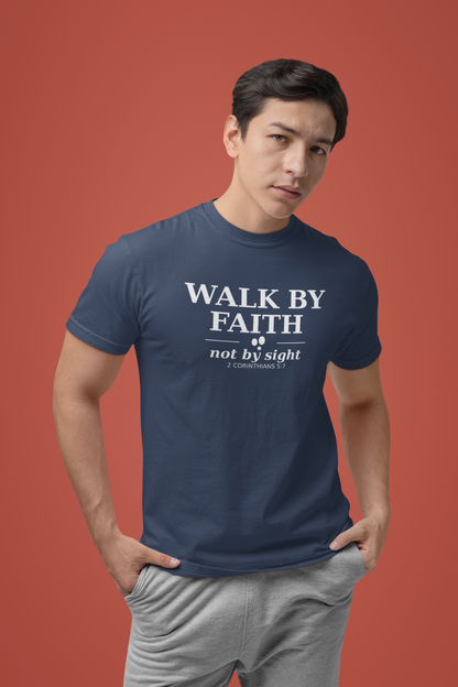 Person wearing a navy blue t-shirt with 'Walk by Faith not by sight' text on a red background