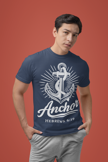 Man wearing a navy blue t-shirt with an anchor design and text on a red background