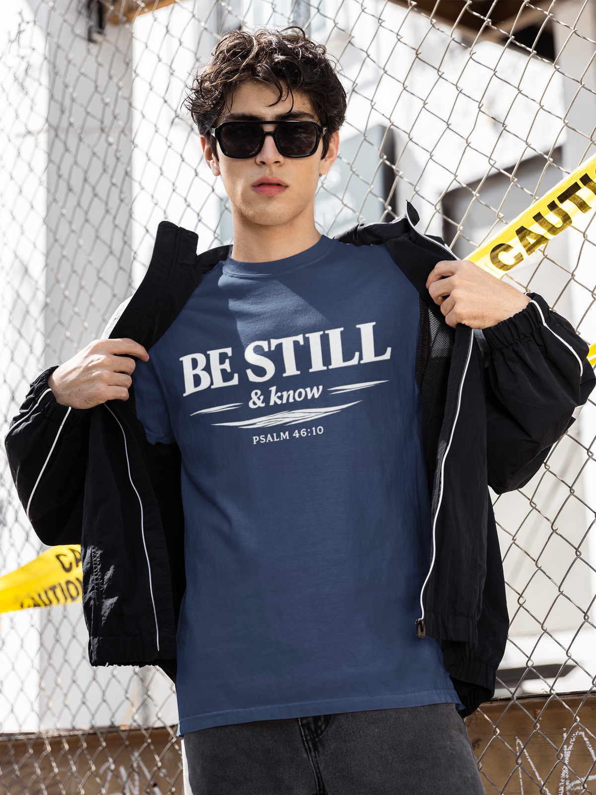 Person wearing a blue 'BE STILL & KNOW' t-shirt with a black jacket in front of a chain-link fence.