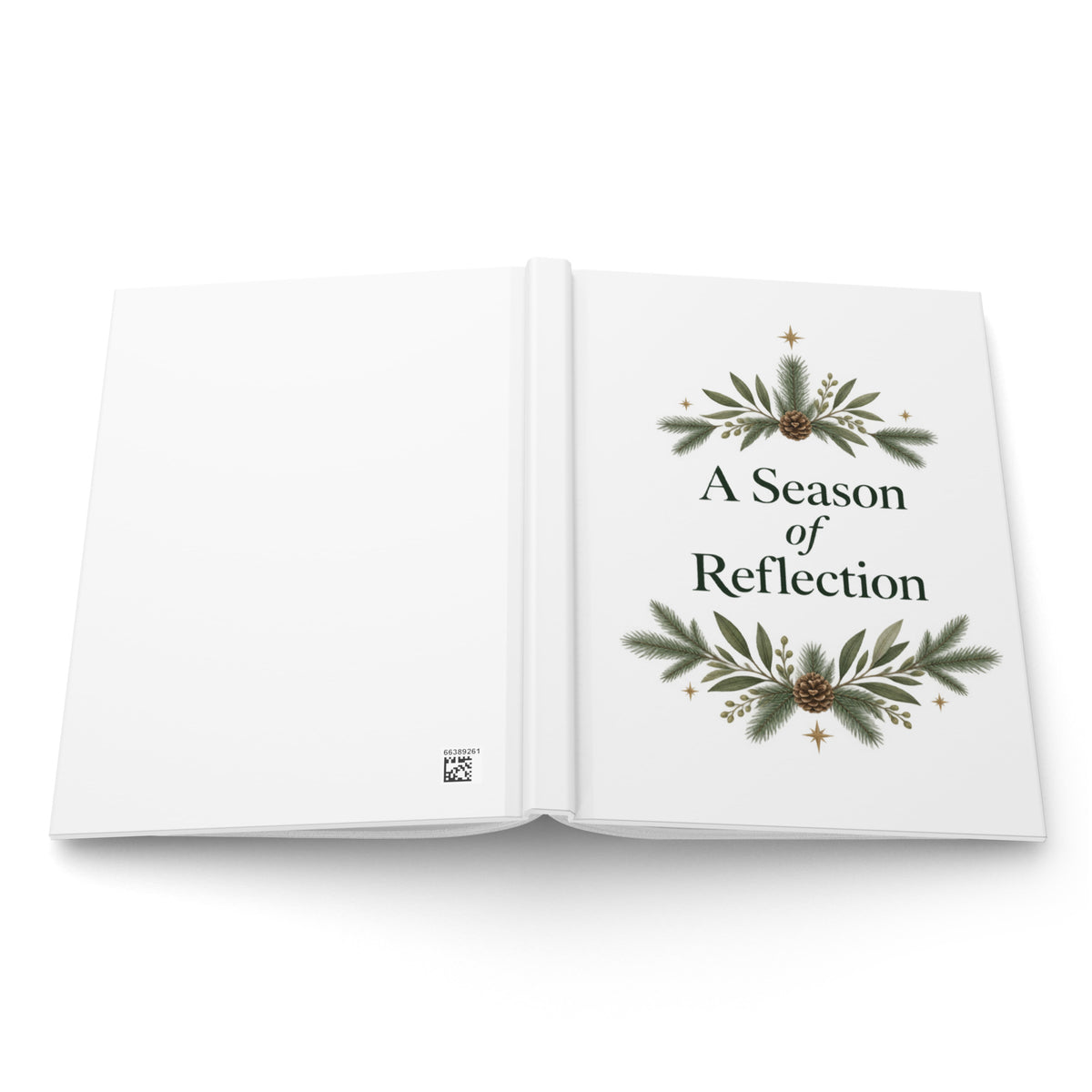 A Season of Reflection journal showing the botanical front cover and plain white back with a small production code.