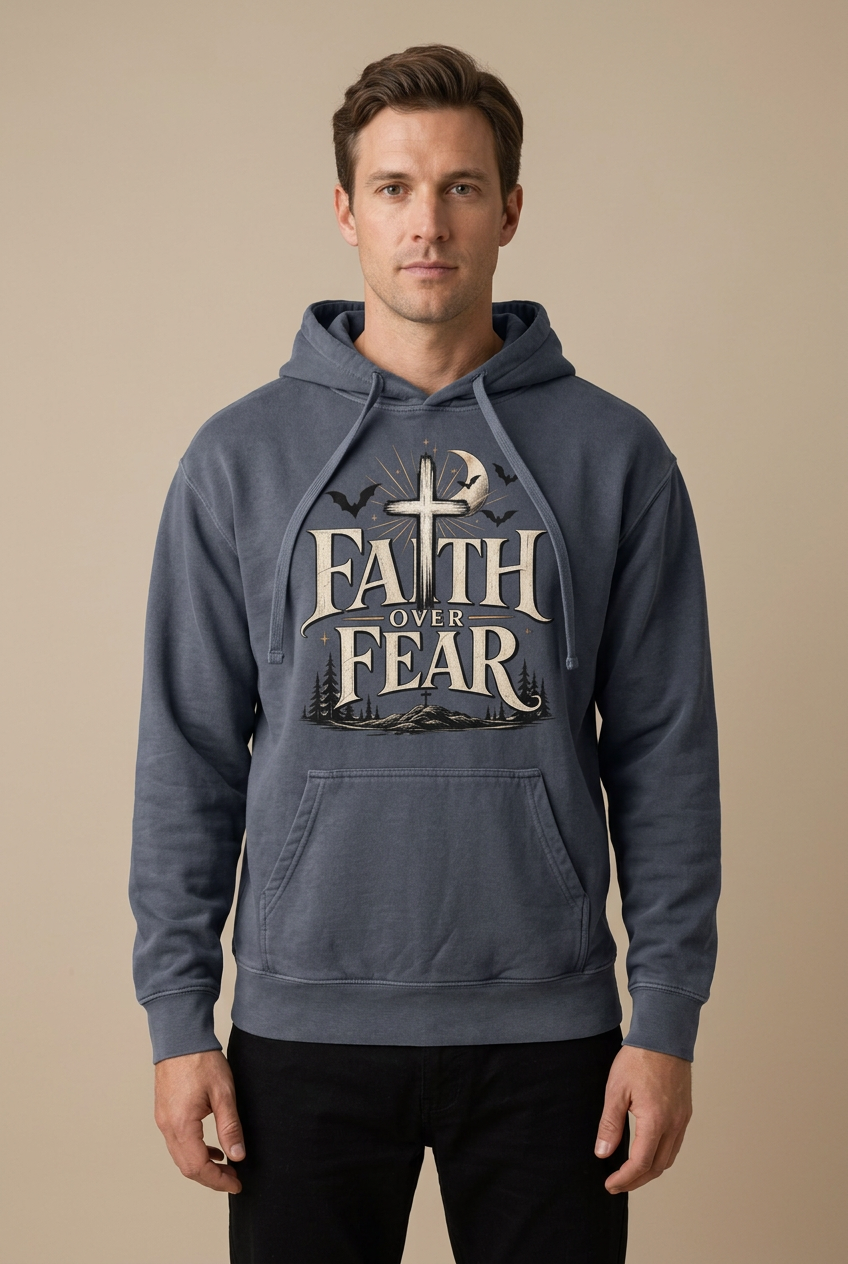 Male model wearing a Denim hoodie with cream ‘Faith Over Fear’ lettering, a cross, crescent moon, bats, and woodland silhouettes.