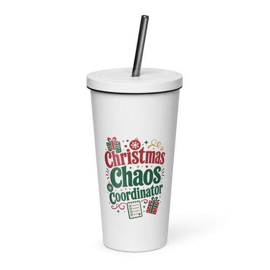 Christmas Chaos Coordinator white 20 oz tumbler with lid and straw, red-and-green lettering, gifts, ornaments, and a checklist.