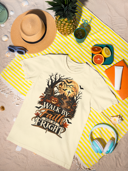A cream-colored graphic t-shirt featuring a spooky Halloween design with the text 'Walk by Faith Not by Fright', styled in a beach-themed flat lay on a yellow and white striped blanket with a straw hat, sunglasses, a pineapple, and headphones.