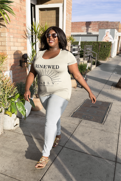 Woman walking down the street wearing RavnCo Renewed Daily garment-dyed tee