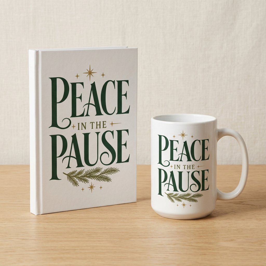White Peace in the Pause mug beside a matching hardcover journal. Mug and journal sold separately.