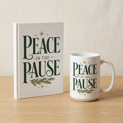 White Peace in the Pause mug beside a matching hardcover journal. Mug and journal sold separately.