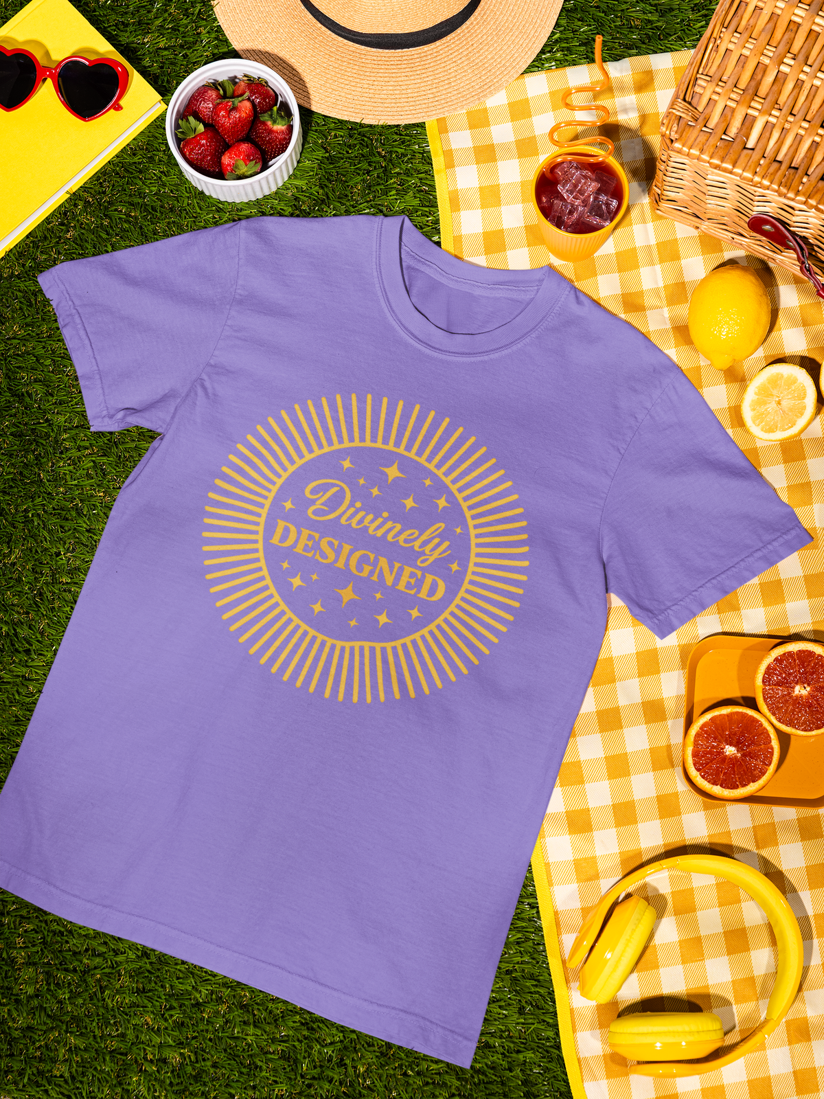 Purple t-shirt with 'Divinely Designed' text on a picnic setup with fruits and a basket.