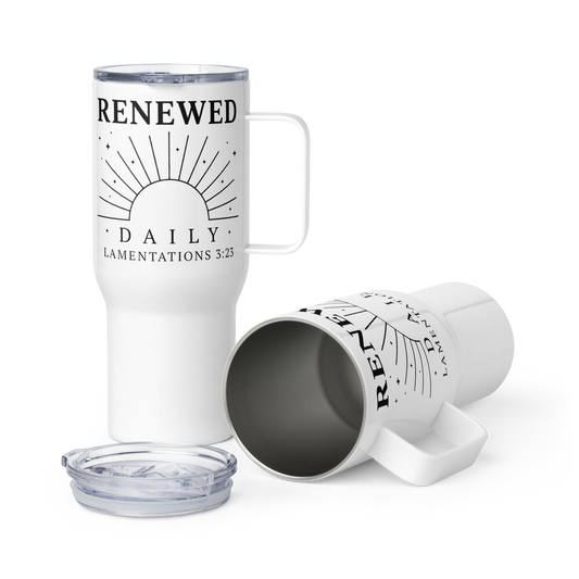 Renewed Daily 25oz stainless steel travel mug – Lamentations 3:23 faith mug by RavnCo.
