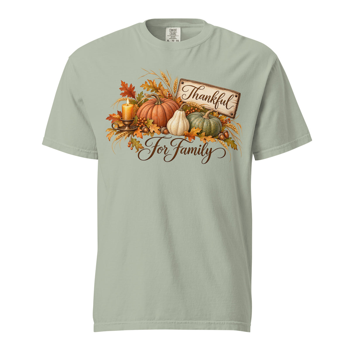 Bay Comfort Colors tee featuring ‘Thankful Harvest for Family’ artwork with a rustic ‘Thankful’ sign, orange, cream, and green pumpkins, autumn leaves, wheat, a candle, and ‘For Family’ script.