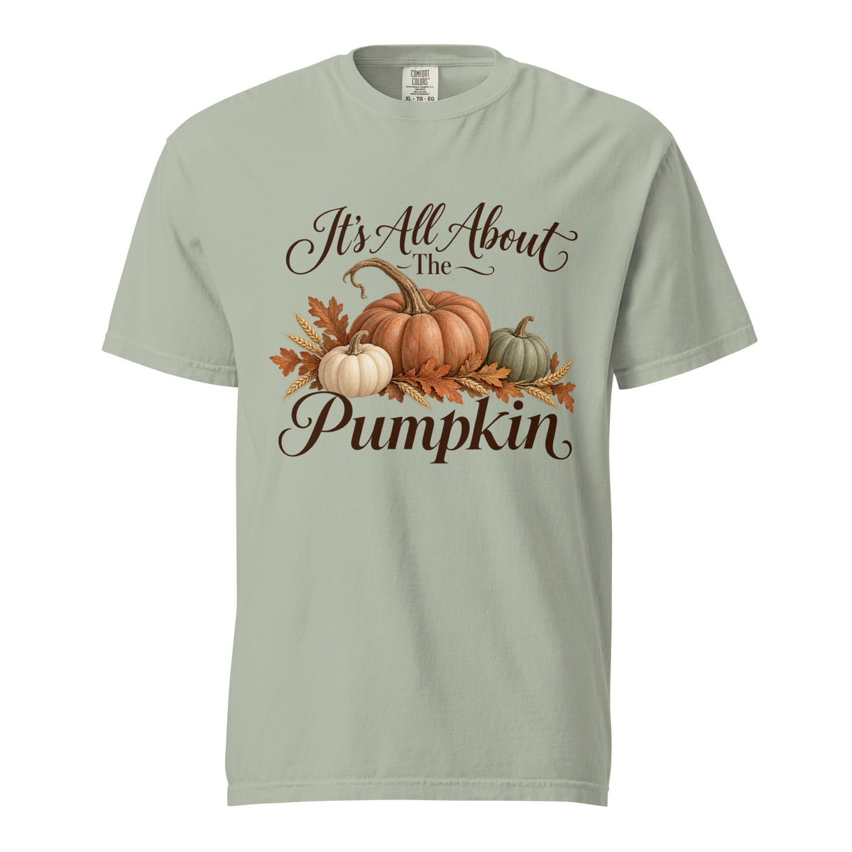 Bay tee featuring ‘It’s All About the Pumpkin’ lettering, three pumpkins, autumn leaves, and wheat.