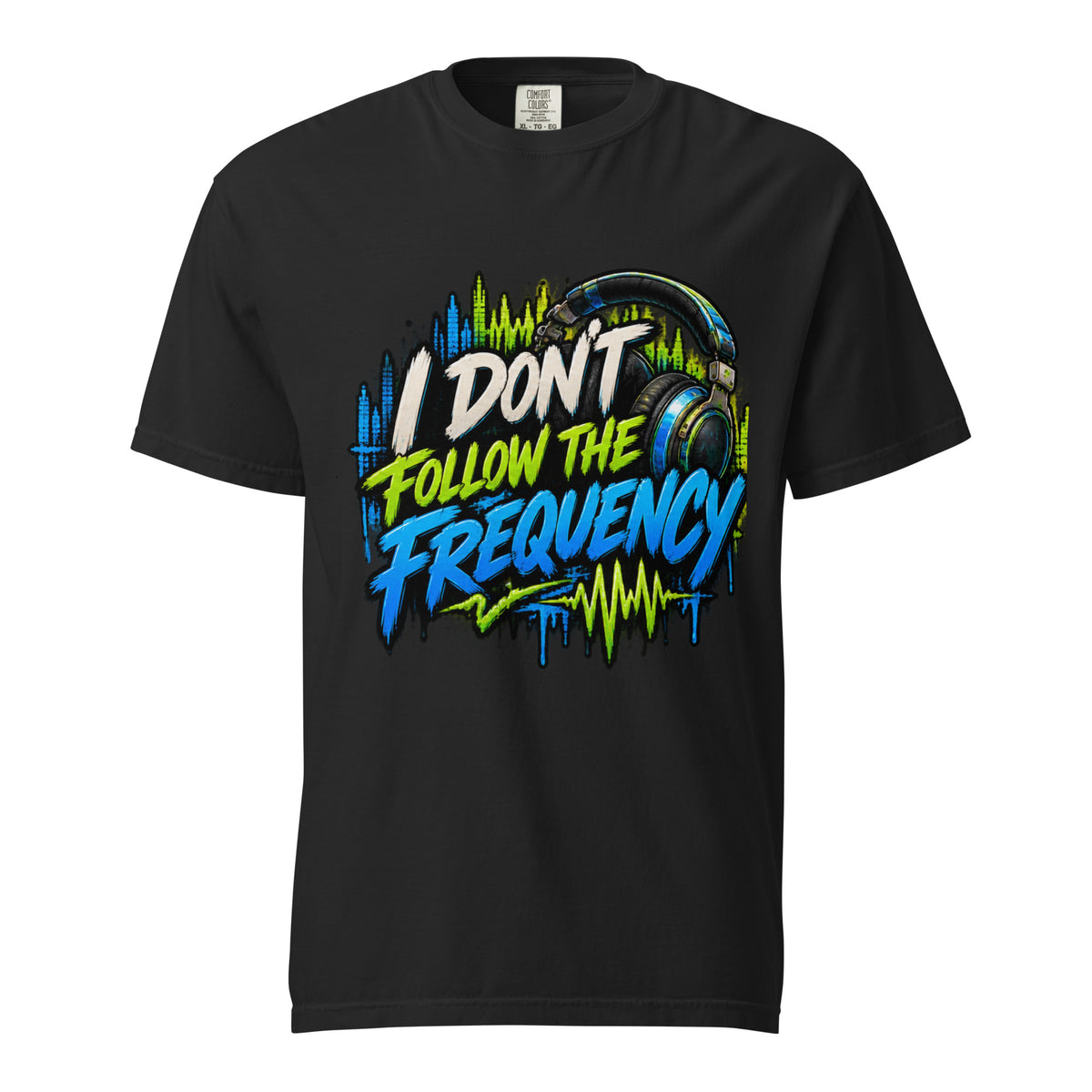 Black I Don’t Follow the Frequency tee with cream, lime, and blue lettering, headphones, and soundwave artwork.