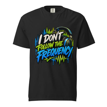 Black I Don’t Follow the Frequency tee with cream, lime, and blue lettering, headphones, and soundwave artwork.