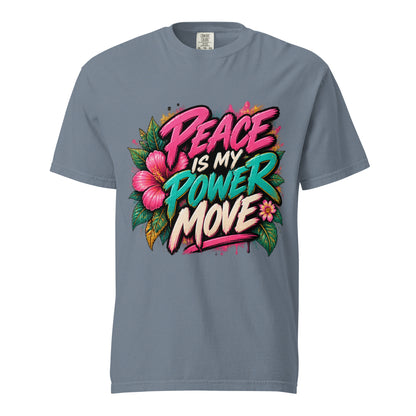 Blue Jean Peace Is My Power Move tee with pink, teal, and cream lettering and tropical floral artwork.