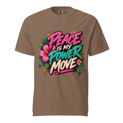Espresso brown Peace Is My Power Move tee with pink, teal, and cream lettering and tropical floral artwork.