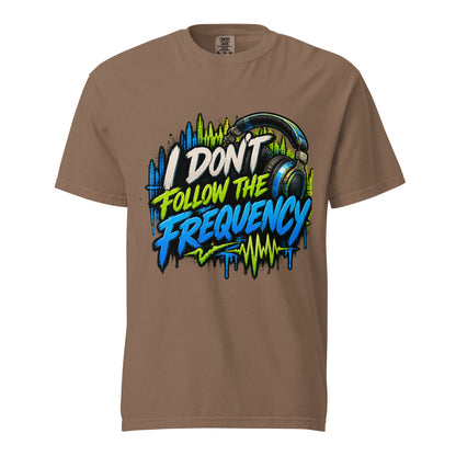 Espresso brown I Don’t Follow the Frequency tee with cream, lime, and blue lettering, headphones, and soundwave artwork.