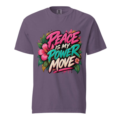 Grape purple Peace Is My Power Move tee with pink, teal, and cream lettering and tropical floral artwork.