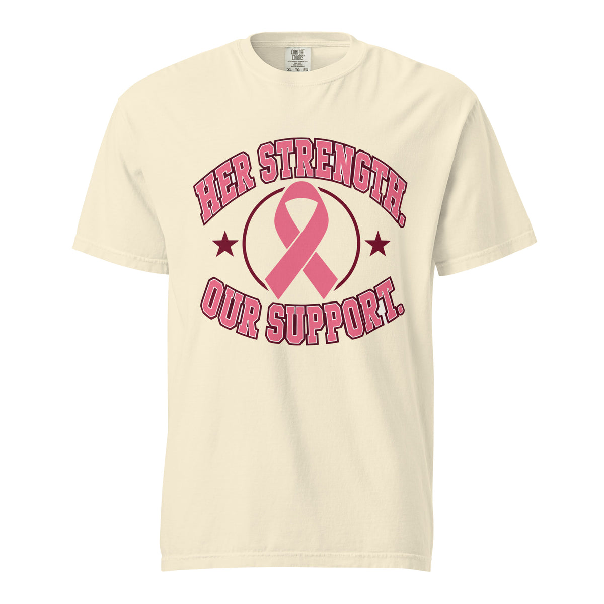 Ivory Her Strength tee with a pink breast cancer awareness ribbon design, front view.