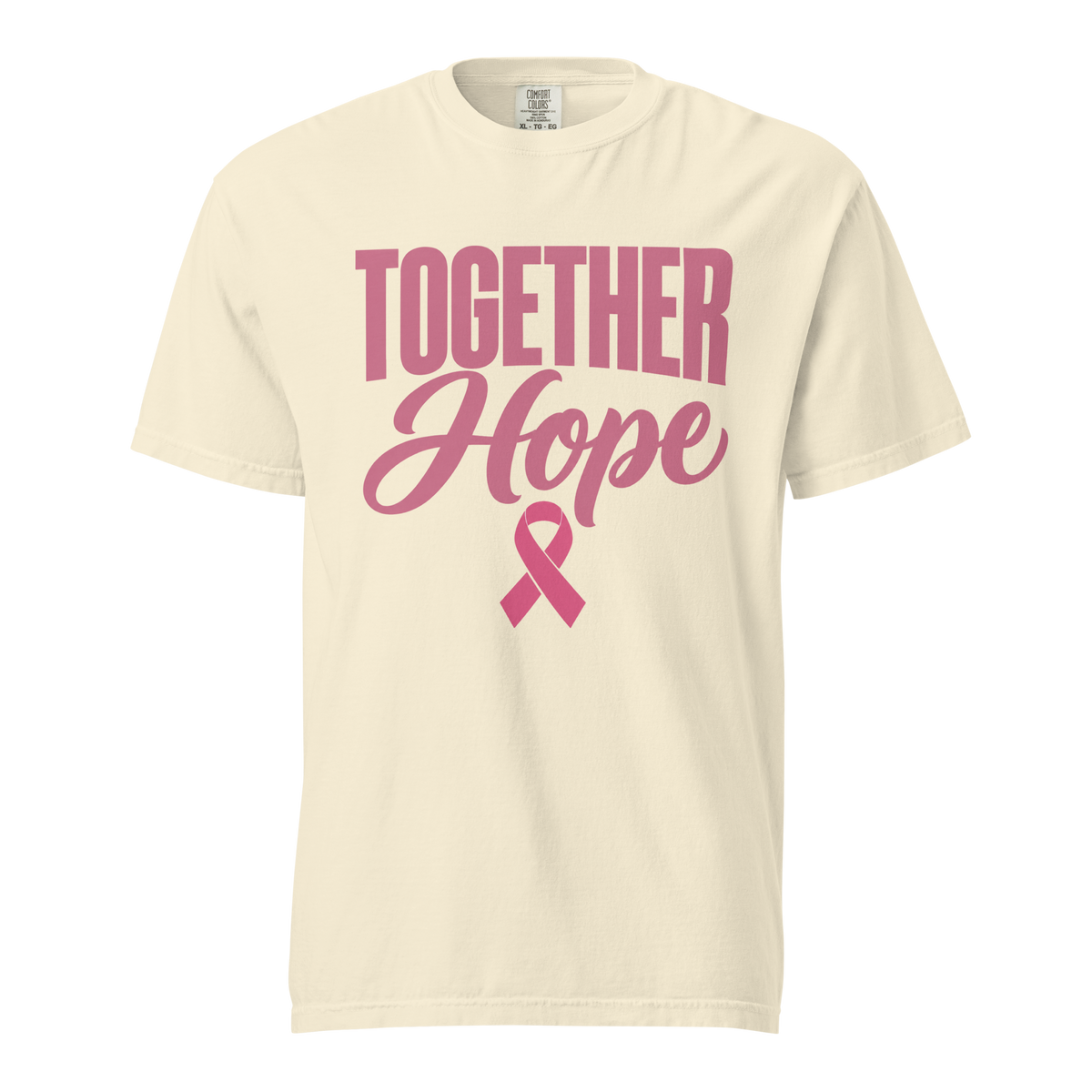 Ivory T-shirt with pink “Together Hope” lettering and a breast cancer awareness ribbon on the front.