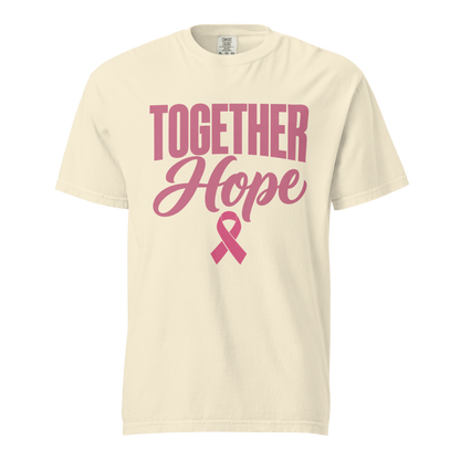 Ivory T-shirt with pink “Together Hope” lettering and a breast cancer awareness ribbon on the front.