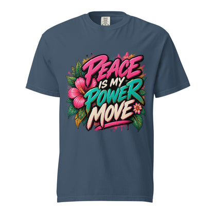 Midnight blue Peace Is My Power Move tee with pink, teal, and cream lettering and tropical floral artwork.