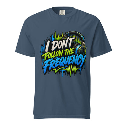 Midnight blue I Don’t Follow the Frequency tee with cream, lime, and blue lettering, headphones, and soundwave artwork.