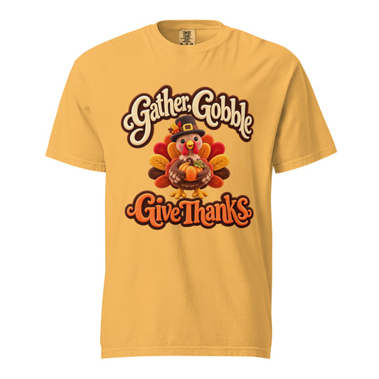 Mustard ‘Gather, Gobble, Give Thanks’ tee with cream and orange lettering and a colorful turkey holding a pumpkin.