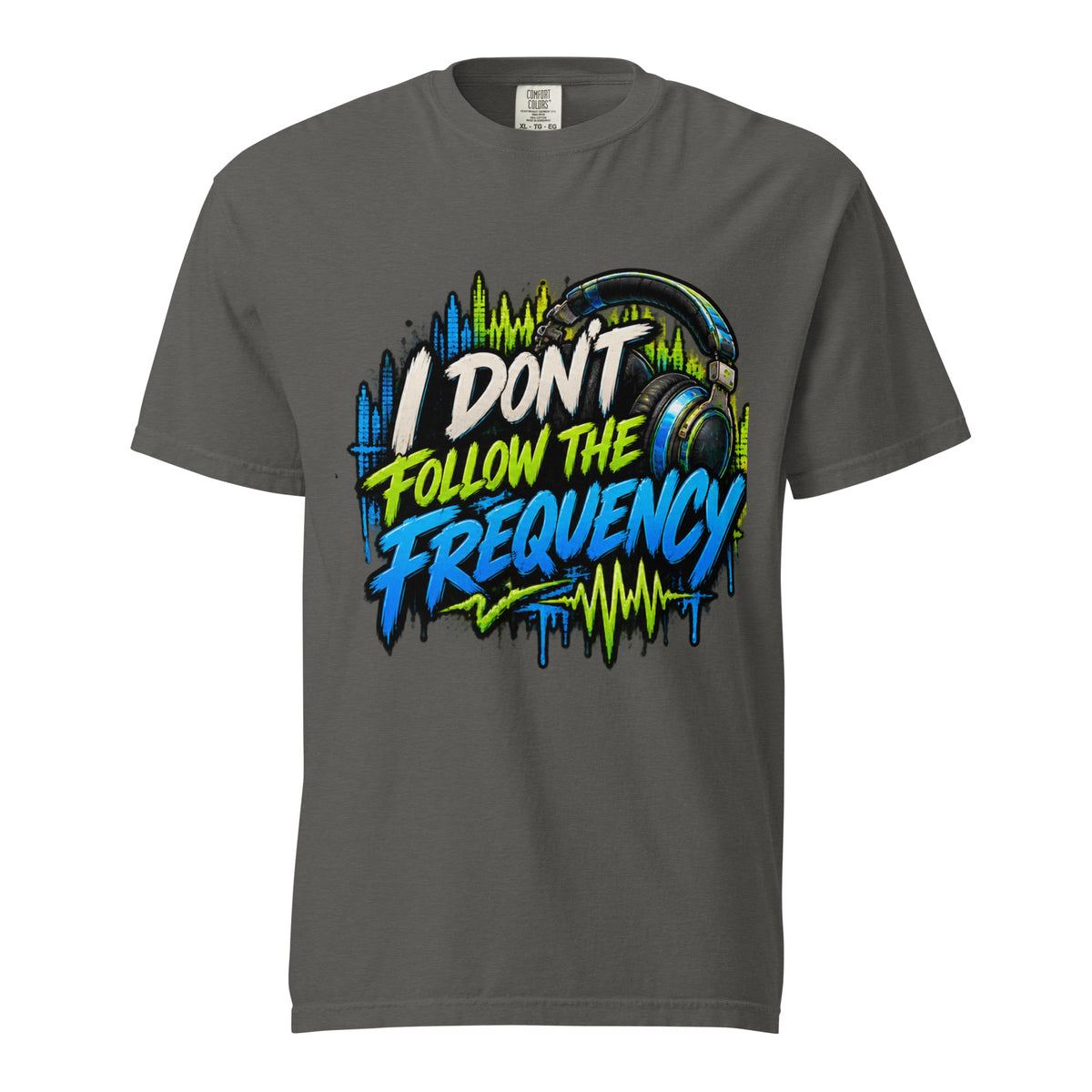 Pepper gray I Don’t Follow the Frequency tee with cream, lime, and blue lettering, headphones, and soundwave artwork.