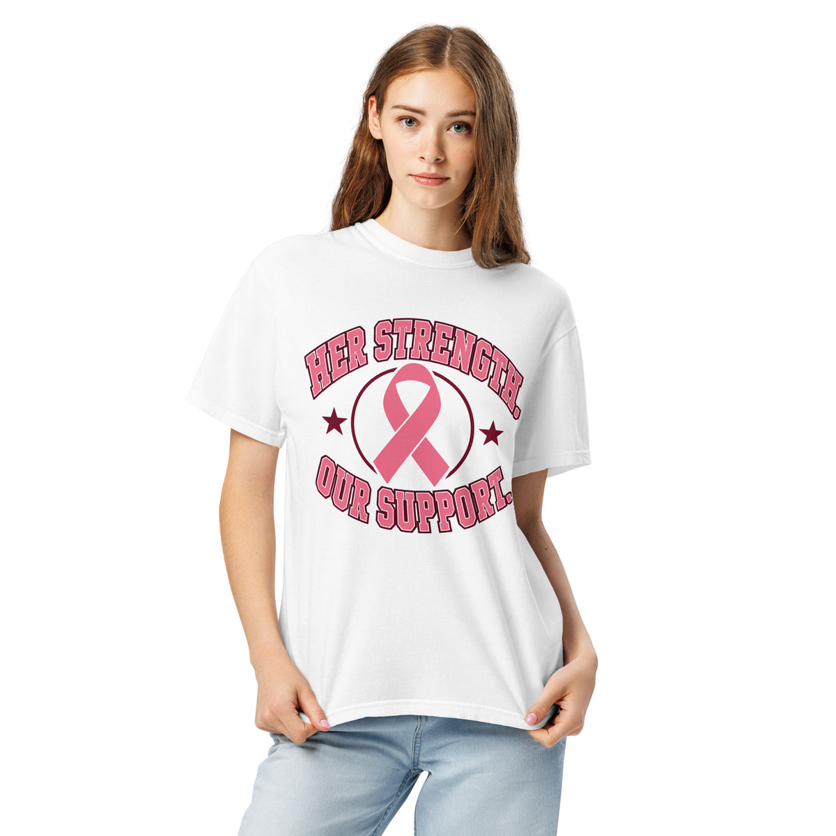 Alternate front mockup of the white Her Strength tee with the pink ribbon design.