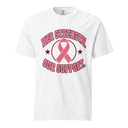 White Her Strength tee with a pink breast cancer awareness ribbon design, front view.