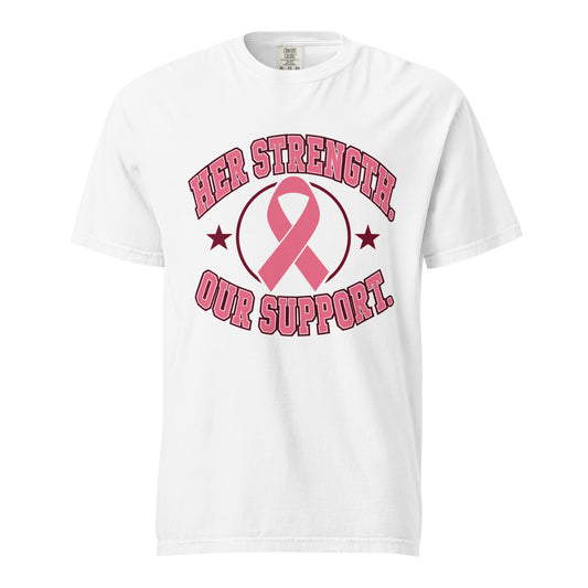 White Her Strength tee with a pink breast cancer awareness ribbon design, front view.