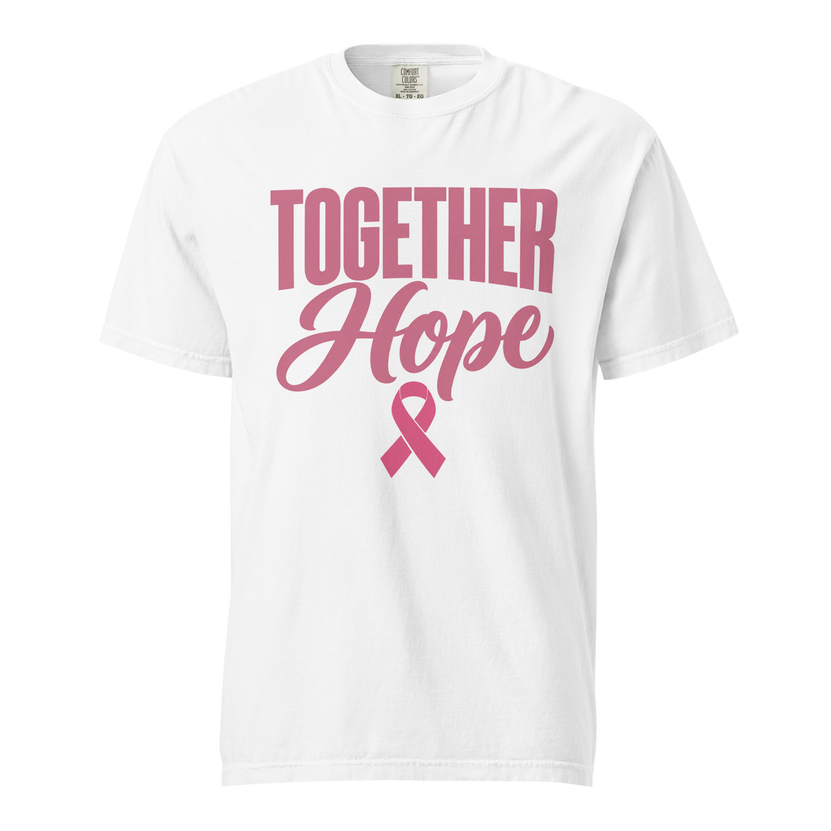 White T-shirt with pink “Together Hope” lettering and a breast cancer awareness ribbon on the front.