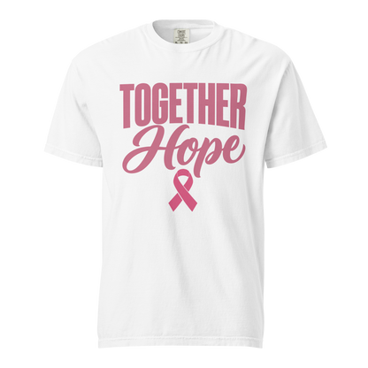 White T-shirt with pink “Together Hope” lettering and a breast cancer awareness ribbon on the front.