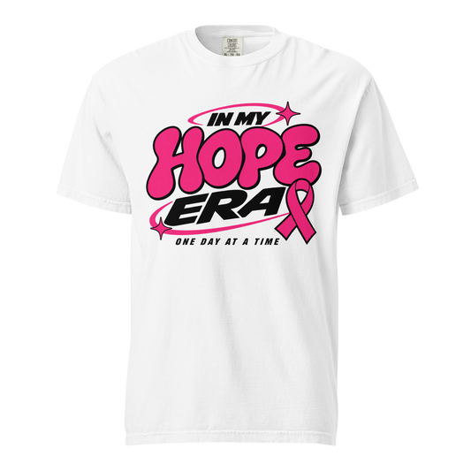 White In My Hope Era tee with bold pink and black lettering, a pink awareness ribbon, and One Day at a Time text.