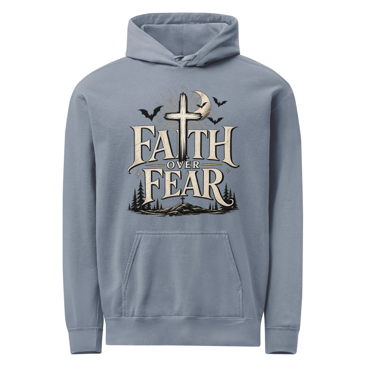  Blue Jean Faith Over Fear hoodie with cream lettering, a cross, crescent moon, bats, and a woodland landscape on the front.
