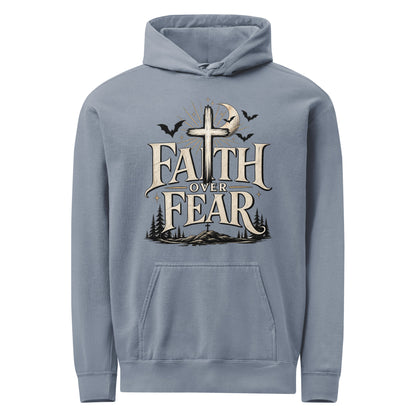 Blue Jean Faith Over Fear hoodie with cream lettering, a cross, crescent moon, bats, and a woodland landscape on the front.