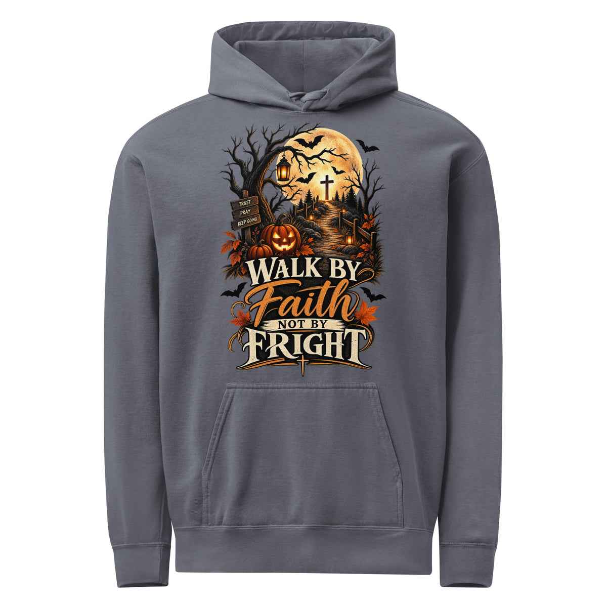 Denim hoodie with ‘Walk by Faith Not by Fright’ lettering, a golden moon, pumpkins, lanterns, and a cross along a woodland path.
