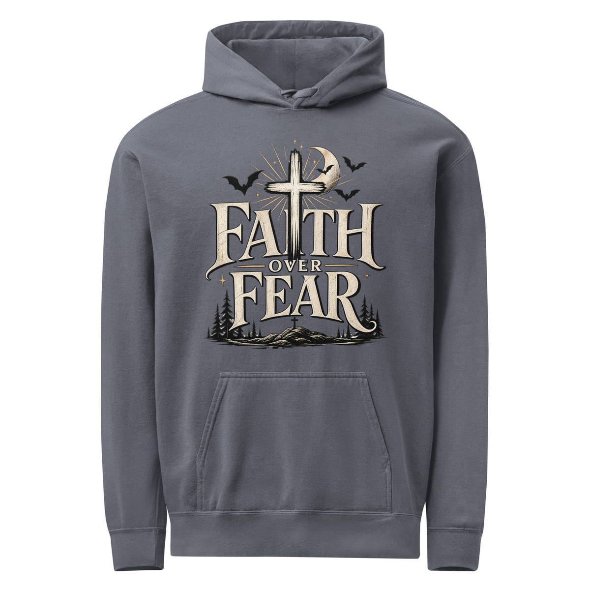 Denim Faith Over Fear hoodie with cream lettering, a cross, crescent moon, bats, and a woodland landscape on the front.