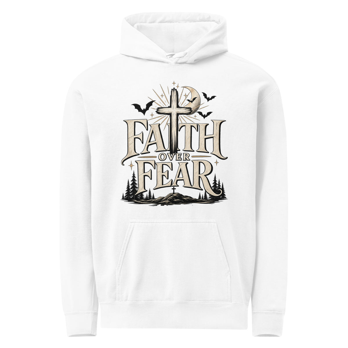  White Faith Over Fear hoodie with cream lettering, a cross, crescent moon, bats, and a woodland landscape on the front.