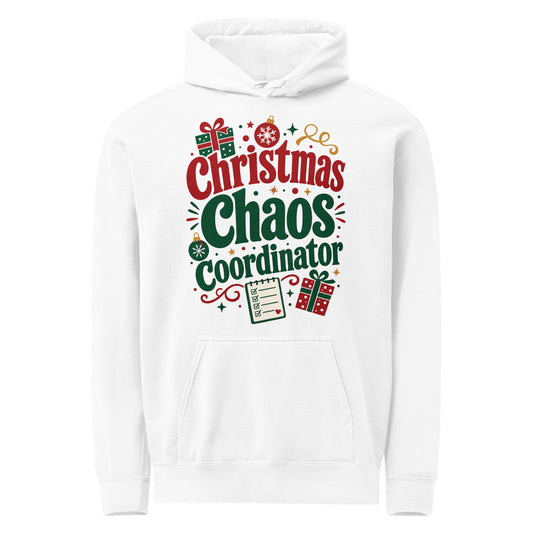 Christmas Chaos Coordinator Comfort Colors 1567 hoodie in white with red-and-green lettering, gifts, ornaments, and a holiday checklist.