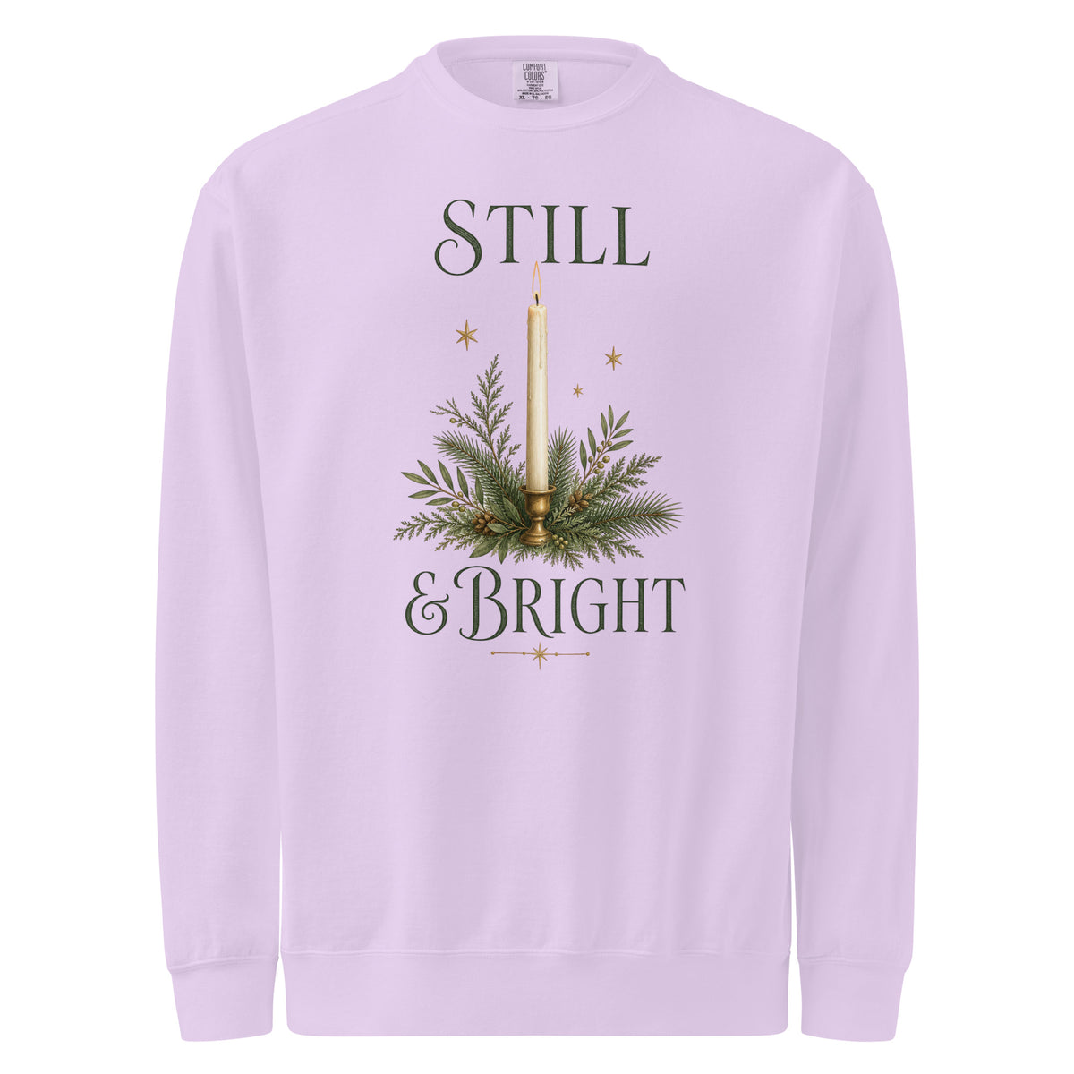 Orchid purple Still & Bright Christmas sweatshirt with a candle, evergreen branches, gold stars, and dark green lettering.